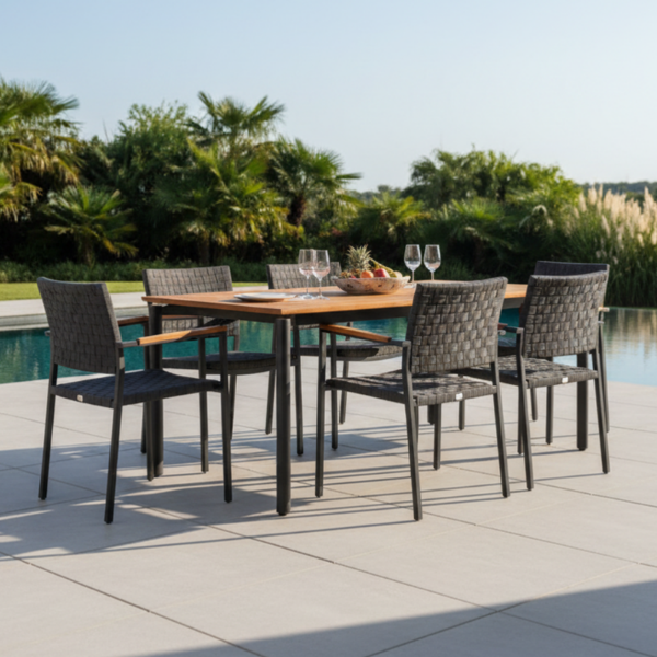Picture of Dining table, bora, aluminium black matt, teak natural, 80x140x76cm