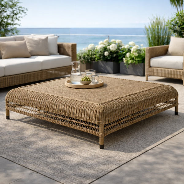 Picture of Coffee table, ibiza, aluminium caramel, rattan camel, 114x114x30cm