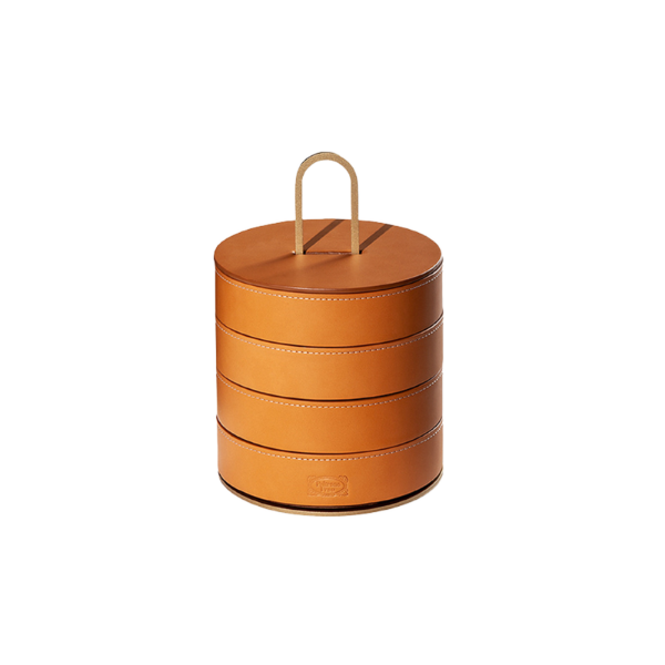 Picture of Round  stackable case, zhuang,wood  canaletto,leather band, base satin-finished aluminium matte,extra camello, dia.14,4x21cm