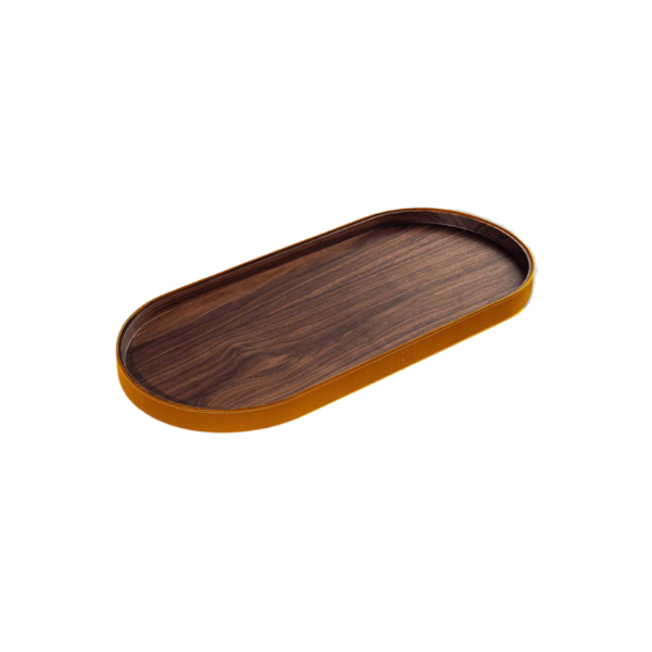 Picture of Oval tray, zhuang, canaletto wood, leather band, saddle extra camelo, 64,5x28,5cm