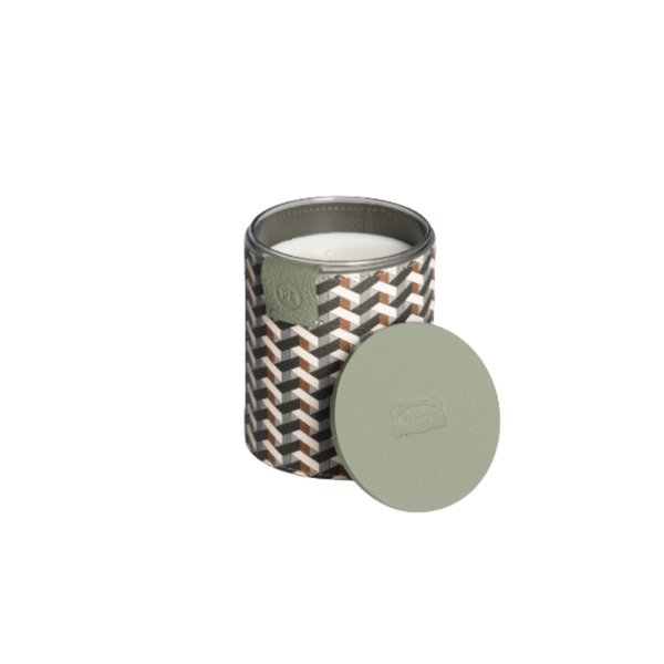 Picture of Candle, weavers, translucent painted glass claid in pelle frau , fragrance pink pepper, dia.8.5cm