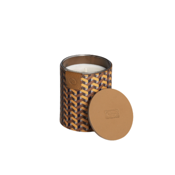 Picture of Candle,weavers, translucent painted glassclaid in pelle frau, fragrance cinnamon saffron breeze, dia.8.5cm