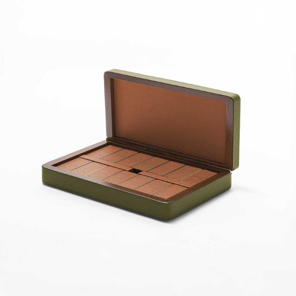 Picture of Wooden box, domino, walnut wood tiles with leather inlays, covered in pelle frau leather,limo+india, 27,8x18,6cm