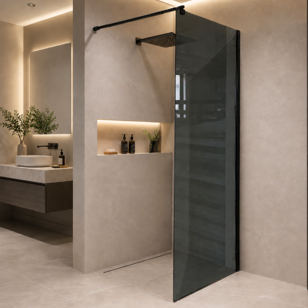 Picture of Shower glass, grey with black profile, 90x200