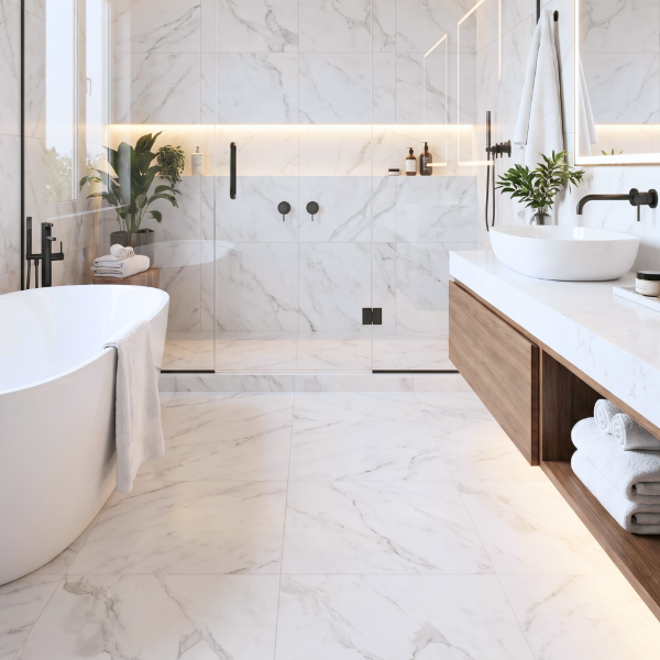 Picture of Floor tile smoke white, marble effect, matt, 60x60