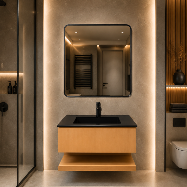 Picture of Rea bathroom furniture set, solid wood cabinet, resin basin, 100 cm