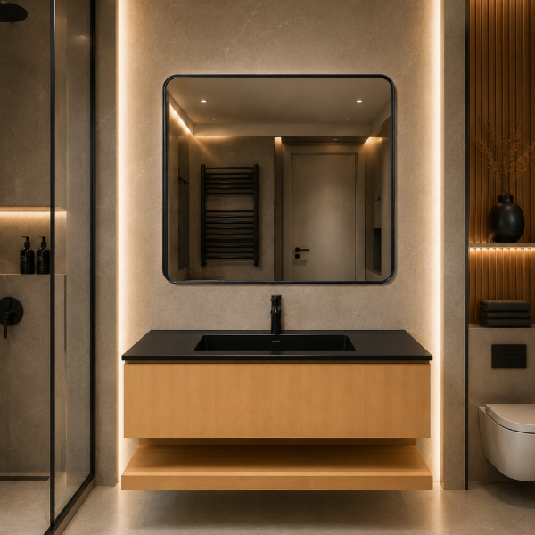 Picture of Rea bathroom furniture set, solid wood cabinet, resin basin, 120 cm