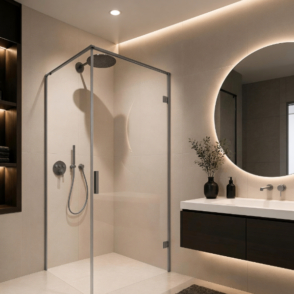 Picture of Rectangular shower enclosure, gun grey profile, right, 90x90x200 8mm