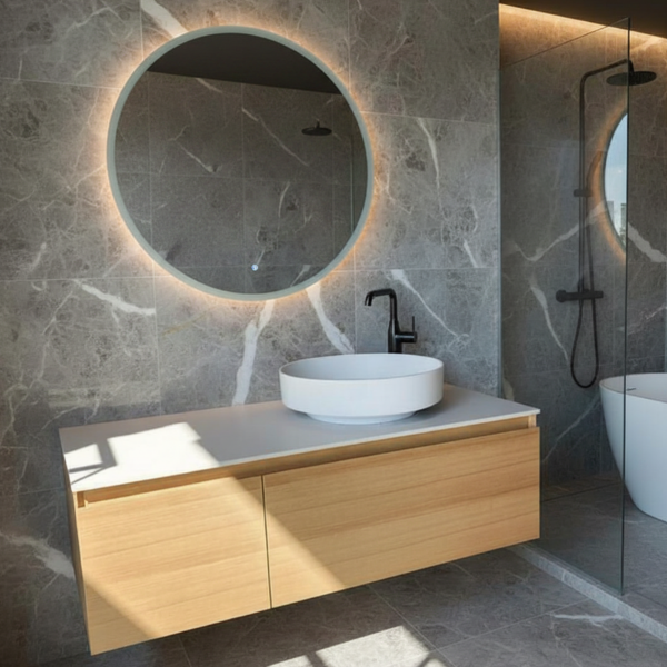 Picture of Zen bathroom furniture set, solid wood cabinet, resin basin, 120 cm