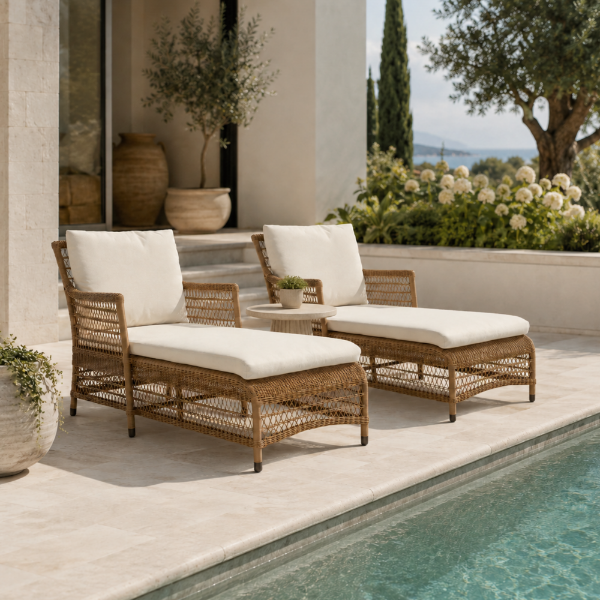 Picture of Sunlounger, ibiza, caramel, 2 cushions champagne, 64.5x147x84cm 