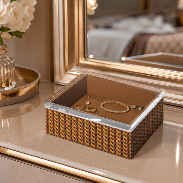 Picture of Large jewelry box, leather weawers, cinnamon, 24x21x9,5cm