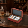 Picture of Cards wooden box, giobagnara x frau, walnut wood , pelle frau  leather, two compartments holding a branded deck of cards, red+steel blue, 19x12 cm 