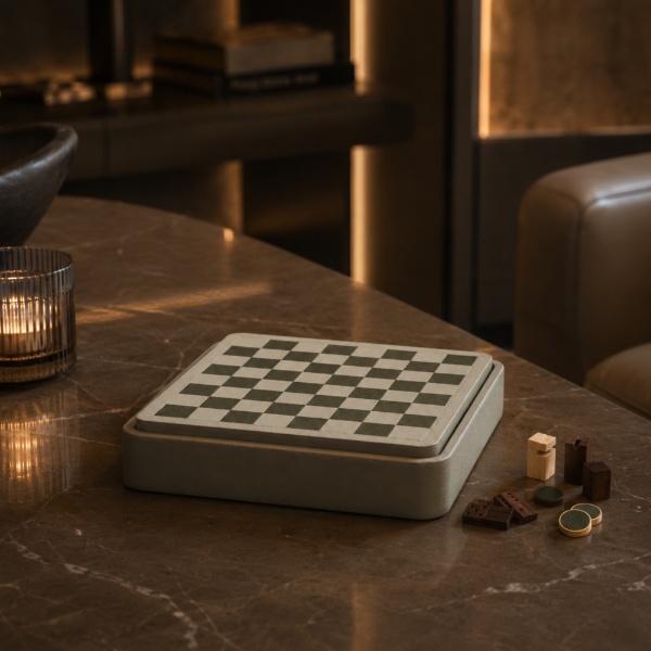 Picture of Triple game, giobagnara x frau, wooden box,covered in pelle frau leather,glauco-limo, 39x8,5cm