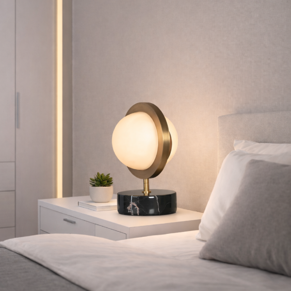 Picture of Table lamp, planet, alabaster+marblr+aluminium finish  ab-d(s-014d), light source:led 3000k 5w, size: 20*16*h28cm