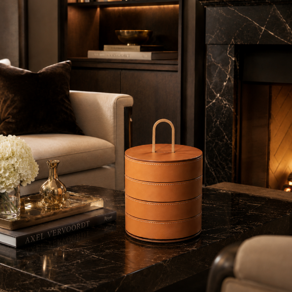 Picture of Round  stackable case, zhuang,wood  canaletto,leather band, base satin-finished aluminium matte,extra camello, dia.14,4x21cm