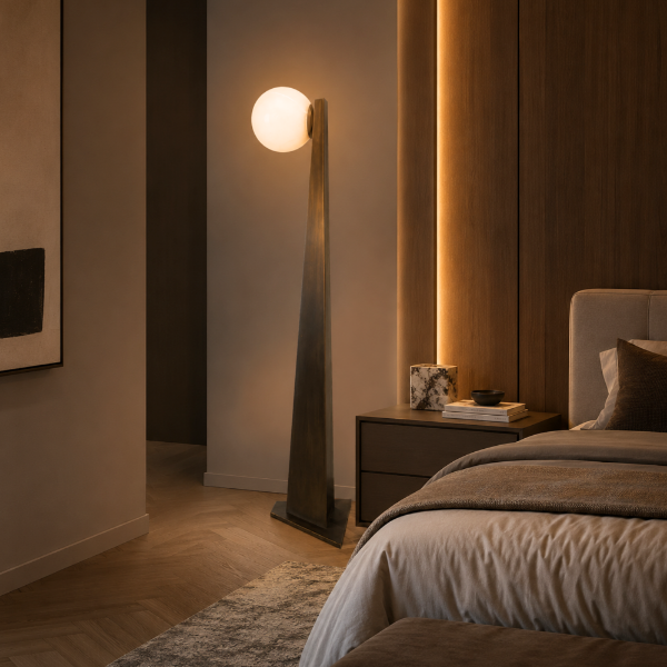 Picture of Floor lamp, geometric, steel+alabaster+aluminium finish,vb (s-015) socket: e27*1, size: l34*w25*h173cm