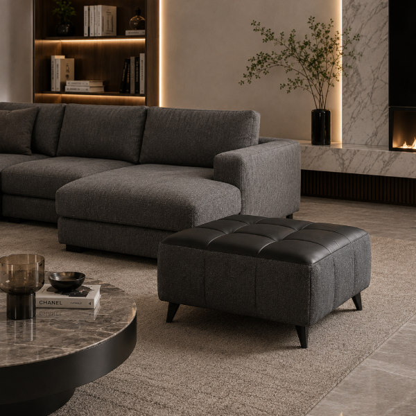 Picture of Pouf, katty, leather+fabric, black/grey, 85x85x32cm 