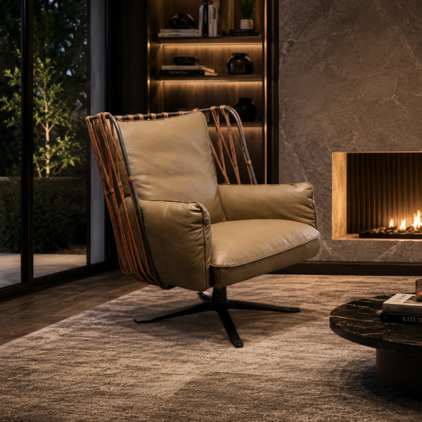 Picture of Armchair, argo boss, iron metal, full cow leather, koala grey brown, 90x99x103cm