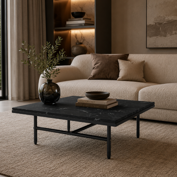 Picture of Coffee table, pierre, top marquinia,  structure blasted and burnished, 90x90x32 cm
