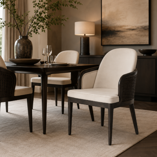 Picture of Dining chair, lavin wicker, leather, dark walnut