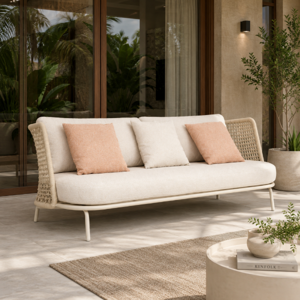 Picture of Sofa 3 seater, lima, aluminium, white, cushion white, natural rope, 210x89x75cm