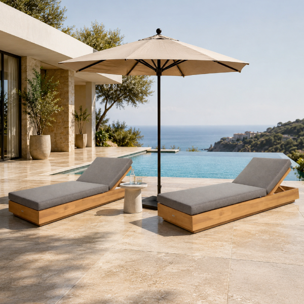 Picture of Sunlounger, tiki, teak natural, cushion ash grey, 80x200x20cm