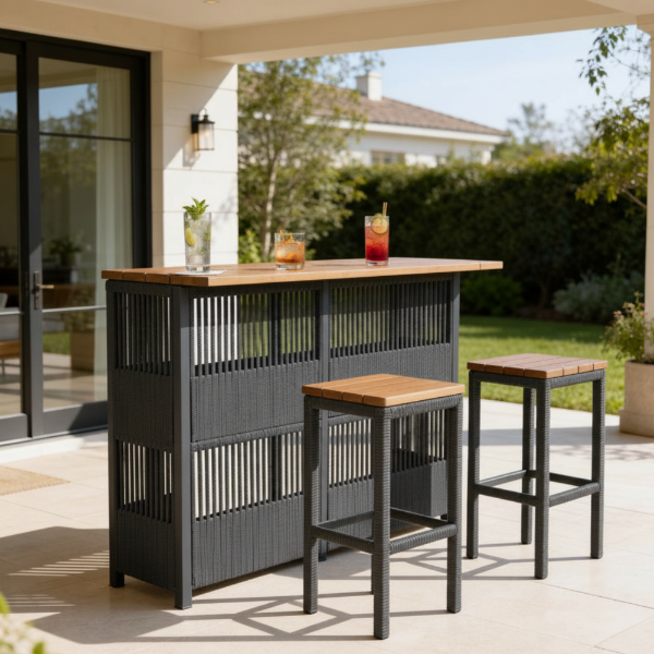Picture of Bar table, riva, teak natural, aluminium anthracite, rattan pebble mix, 149x50x109cm
