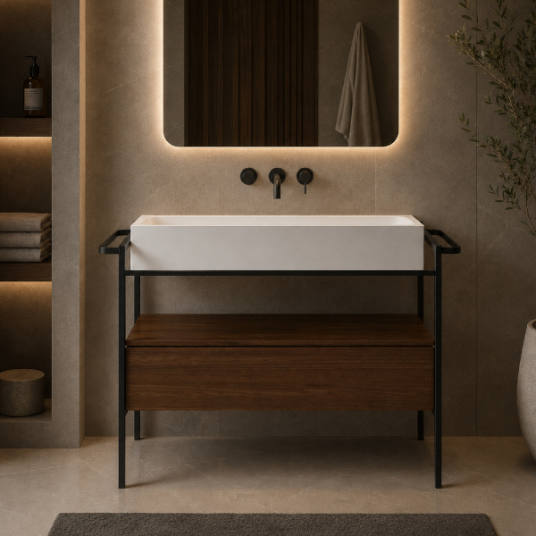 Picture of Pura bathroom furniture, wall hung/floor-standing, walnut, black mat, 102.6x46cm