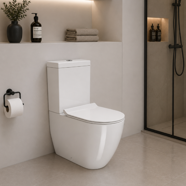 Fotografia e Set wc pura, qeramike, back to wall, freestanding, e bardhe, me shkelqim, 63x36cm.