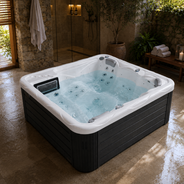 Picture of Pluto p&p hot tub with hydromassage, acrylic, freestanding, white/grey 200x200x89cm