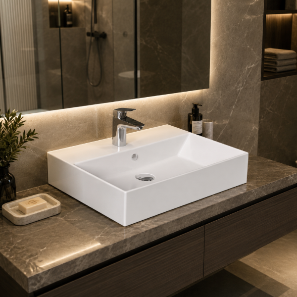 Picture of Rectangular line basin, ceramic, white, 60x42cm