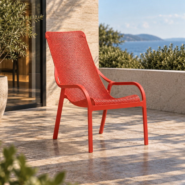 Fotografia e Karrige lounge, net, plastike, e kuqe, 61,5-90 cm.
