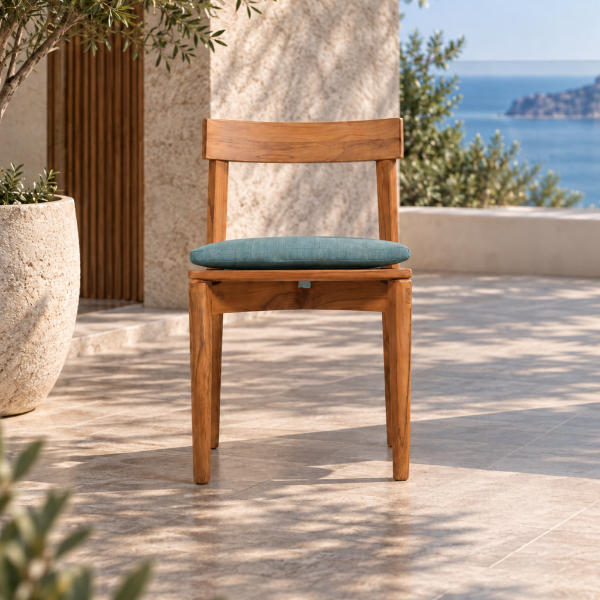 Fotografia e Karrige, leo, teak natyral, jastek blu marine, 48x53x78.5cm.