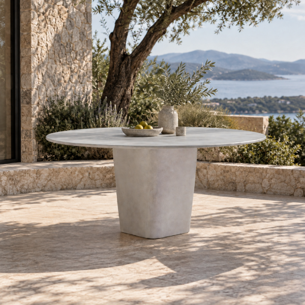Fotografia e Tavoline ngrenie, athos,  beton, linen, dia.160x74cm.