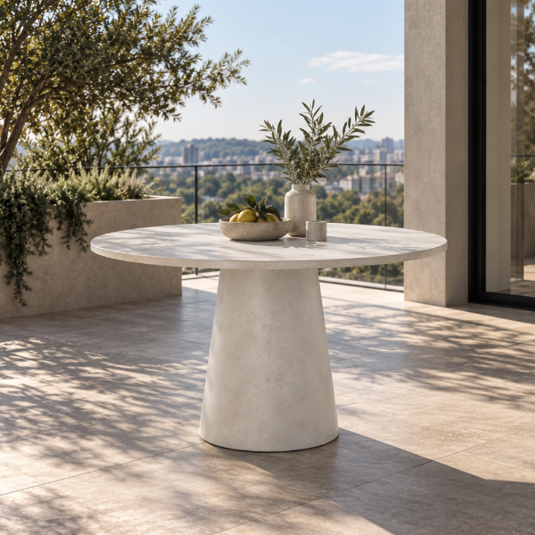 Fotografia e Tavoline ngrenie, bellagio,  beton, linen, dia.120x76cm.