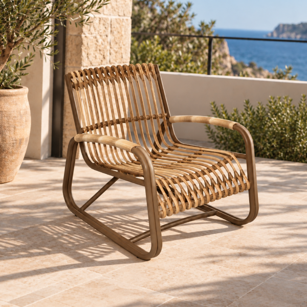 Fotografia e Karrige lounge, prado, alumin bezhe, ratan i bardhe, 66.5x67x88.5cm.