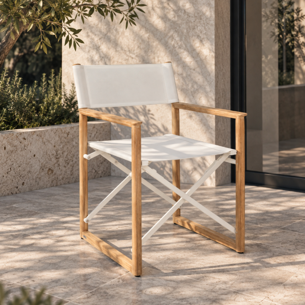 Fotografia e Karrige, alor, teak natyral, e bardhe, 58.5x59.8x84.15cm.