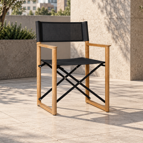 Fotografia e Karrige, alor, teak natyral, e zeze, 58.5x59.8x84.15cm.