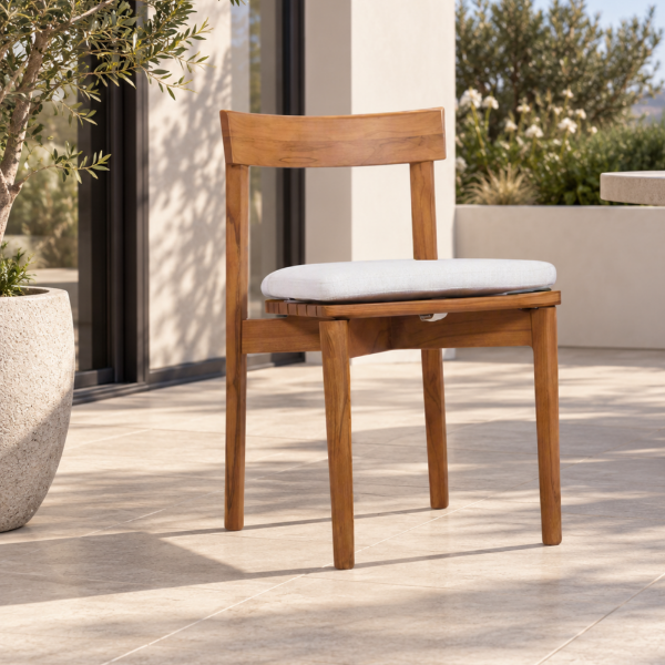 Fotografia e Karrige, leo, teak natyral, jastek gri, 48x53x78.5cm.